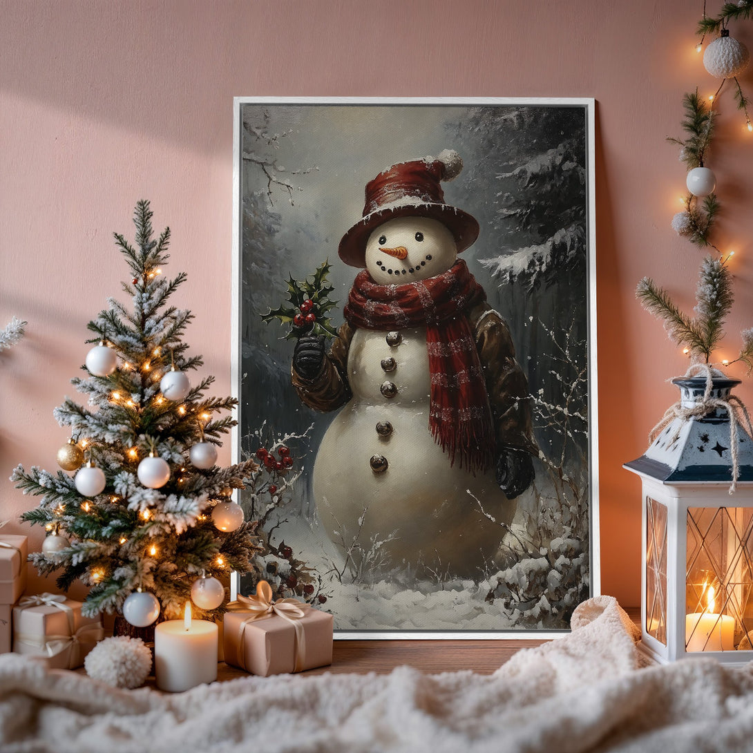 Framed Wall Art: Charming snowman painting in a winter scene. Warm red and brown hues create a cozy, festive atmosphere. Perfect for holiday decor!