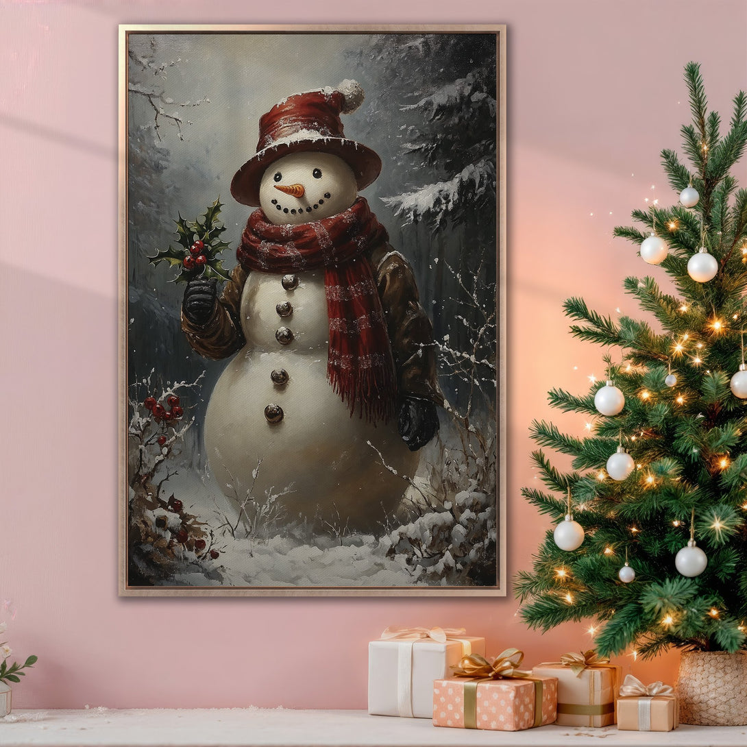 Framed Wall Art: Charming snowman painting in a winter forest scene, warm red and neutral color palette, perfect for holiday decor.