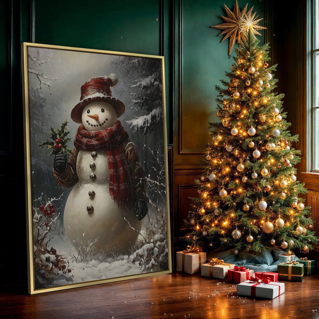 Canvas Print of a charming snowman in a winter scene. Warm red and brown tones create a cozy, festive feel. Perfect for holiday decor!
