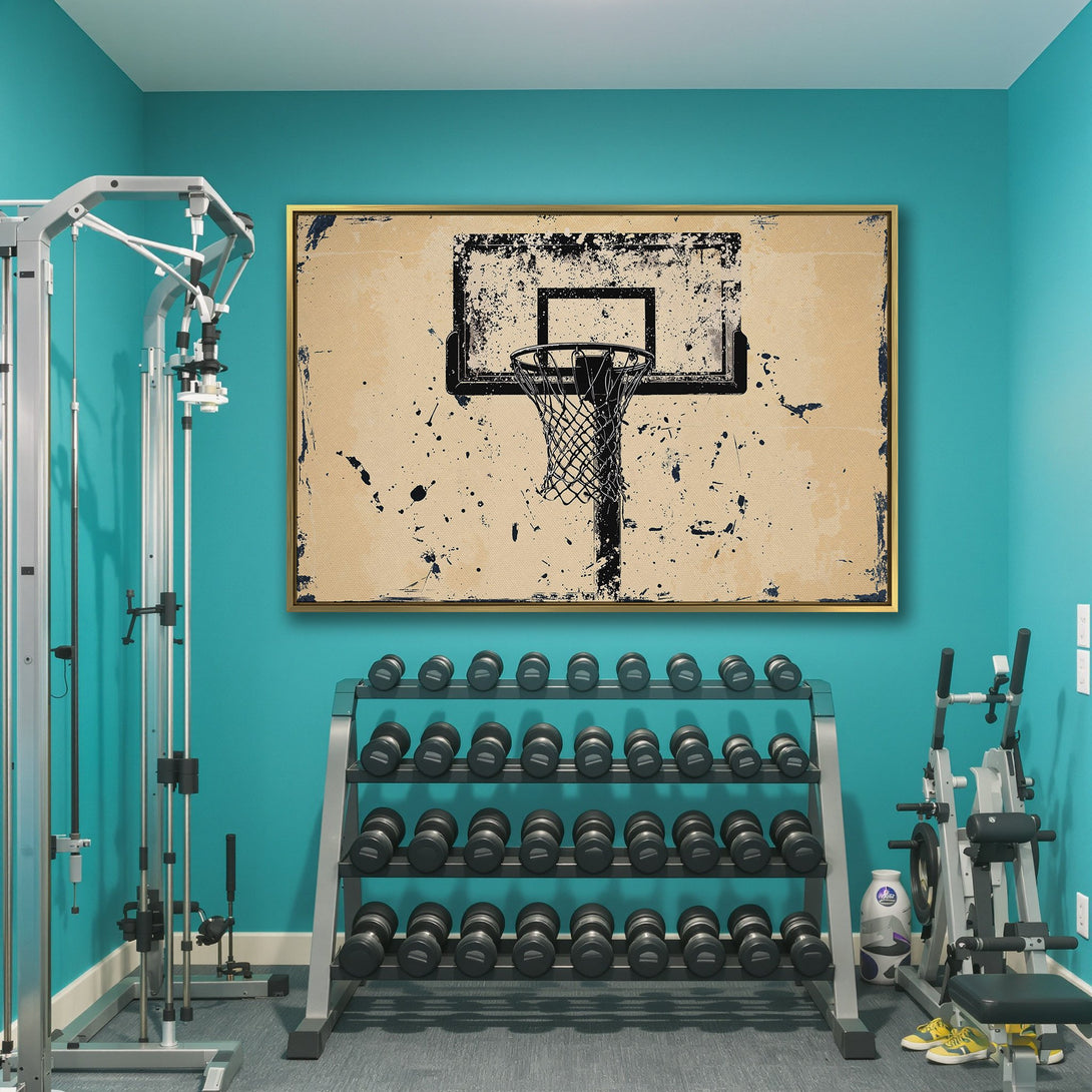Canvas Print of a basketball hoop in a distressed style, featuring neutral tones and dark blue accents, perfect for sports enthusiasts.