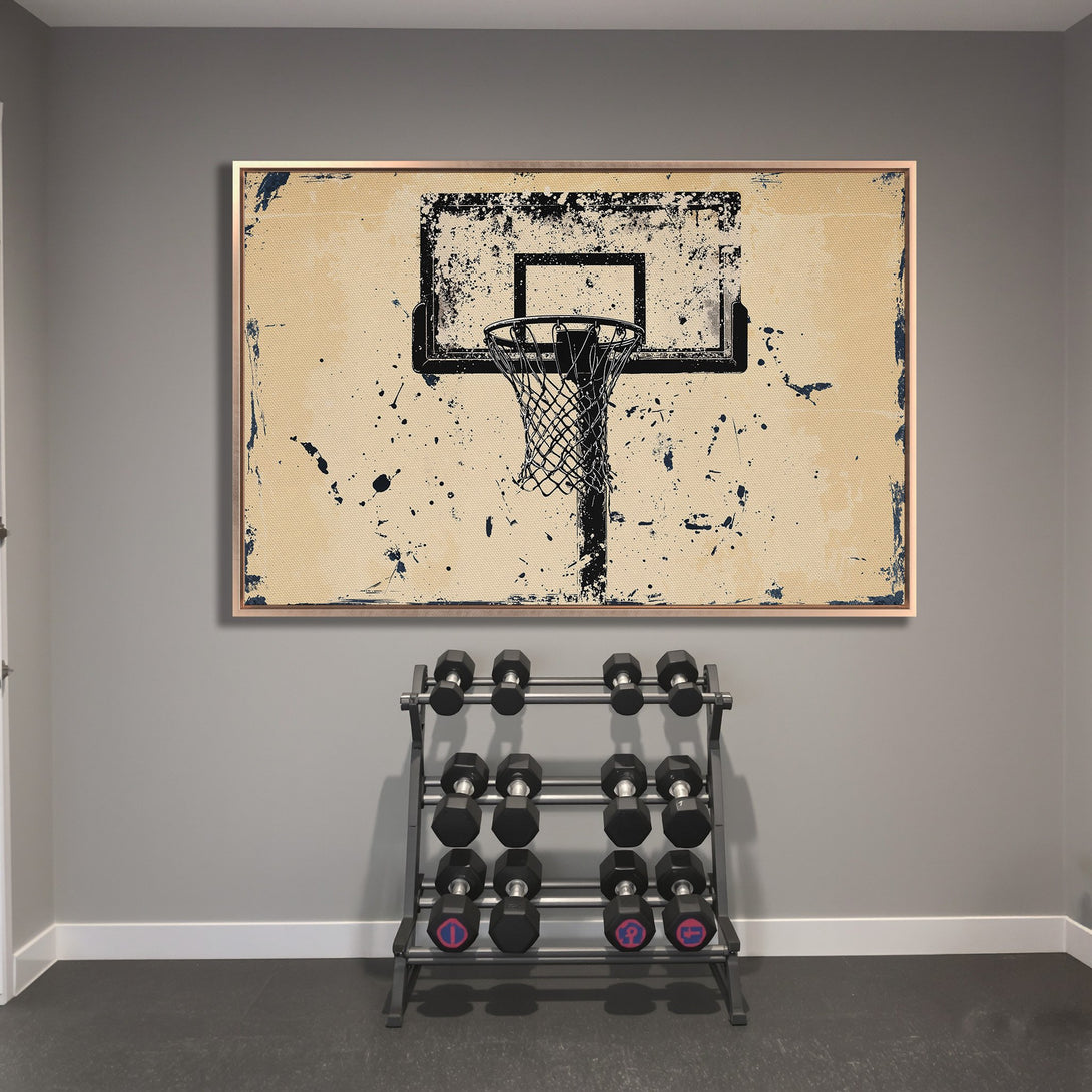 Framed Wall Art featuring a distressed basketball hoop in black and beige, perfect for a gym or sports-themed space.