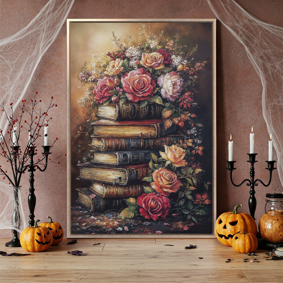 Framed Wall Art featuring a romantic floral still life with roses and books, in a vintage style with a warm, autumnal color palette.