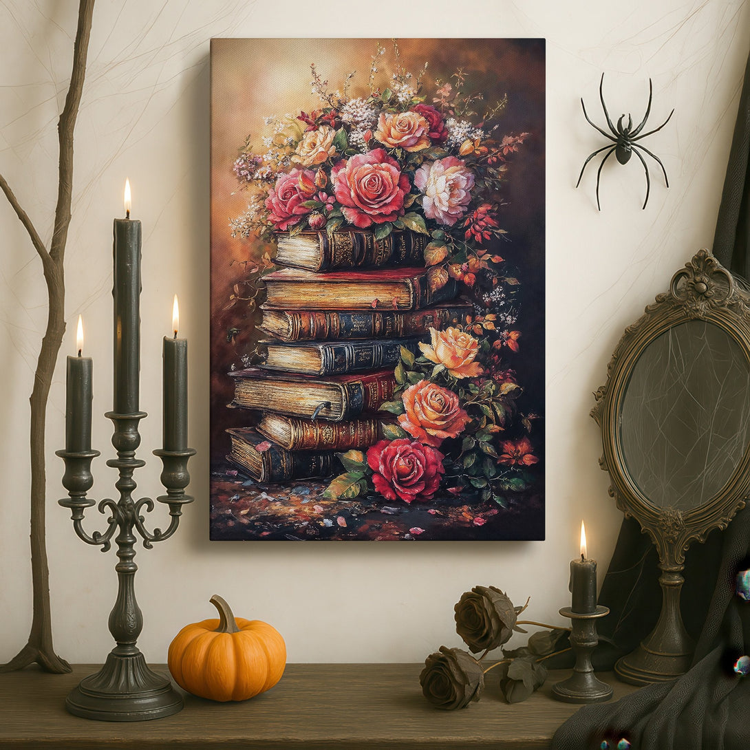 Framed Wall Art: Romantic floral still life Canvas Print with roses on books, warm color palette, displayed in a classic interior.