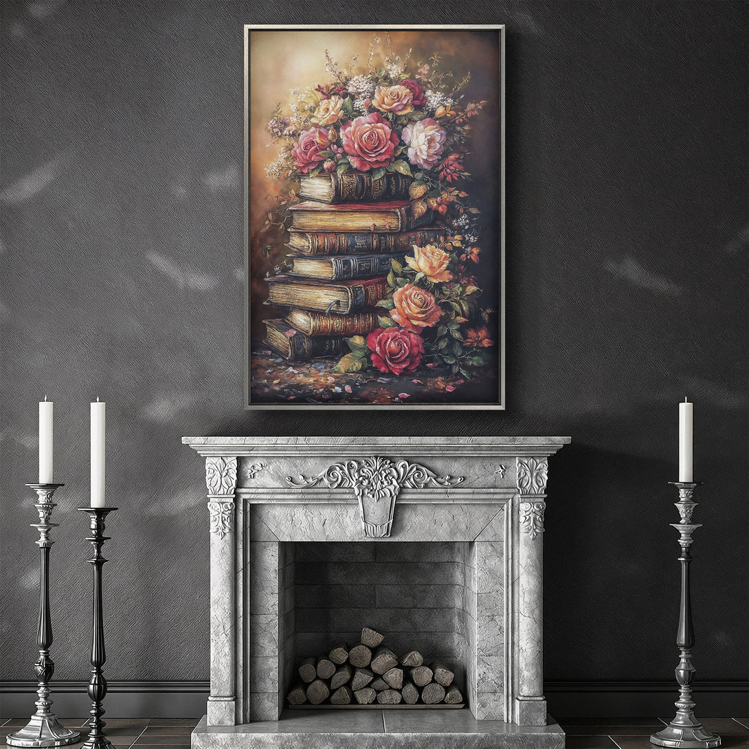 Framed Wall Art: Vintage floral still life Canvas Print. Romantic style with roses & books, warm red, orange & brown tones. Perfect home decor.
