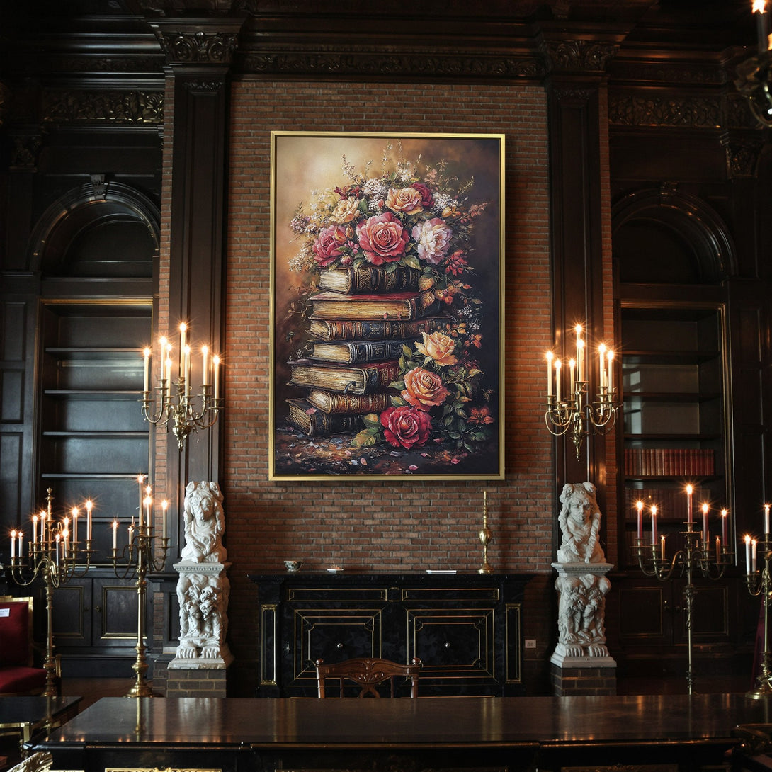 Canvas Print of a floral still life with roses on books, in a vintage style. Warm, autumnal color palette.