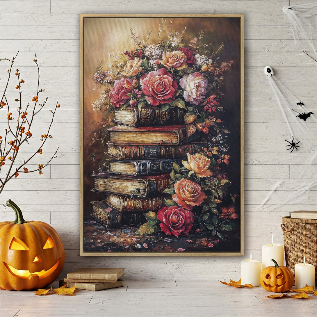 Framed Wall Art: Vintage floral still life with roses & books in warm tones. Perfect autumn decor for your home.