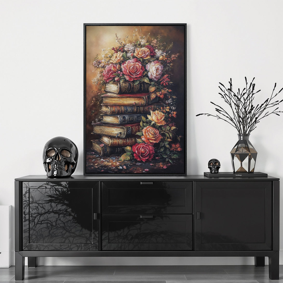 Framed Wall Art: Floral still life Canvas Print with roses and books. Warm color palette, perfect for home decor and adding a touch of elegance.