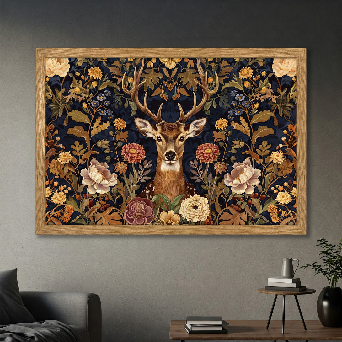 Framed Poster featuring a deer in a floral design, rich in dark blue, gold, and earth tones. Perfect wall art!