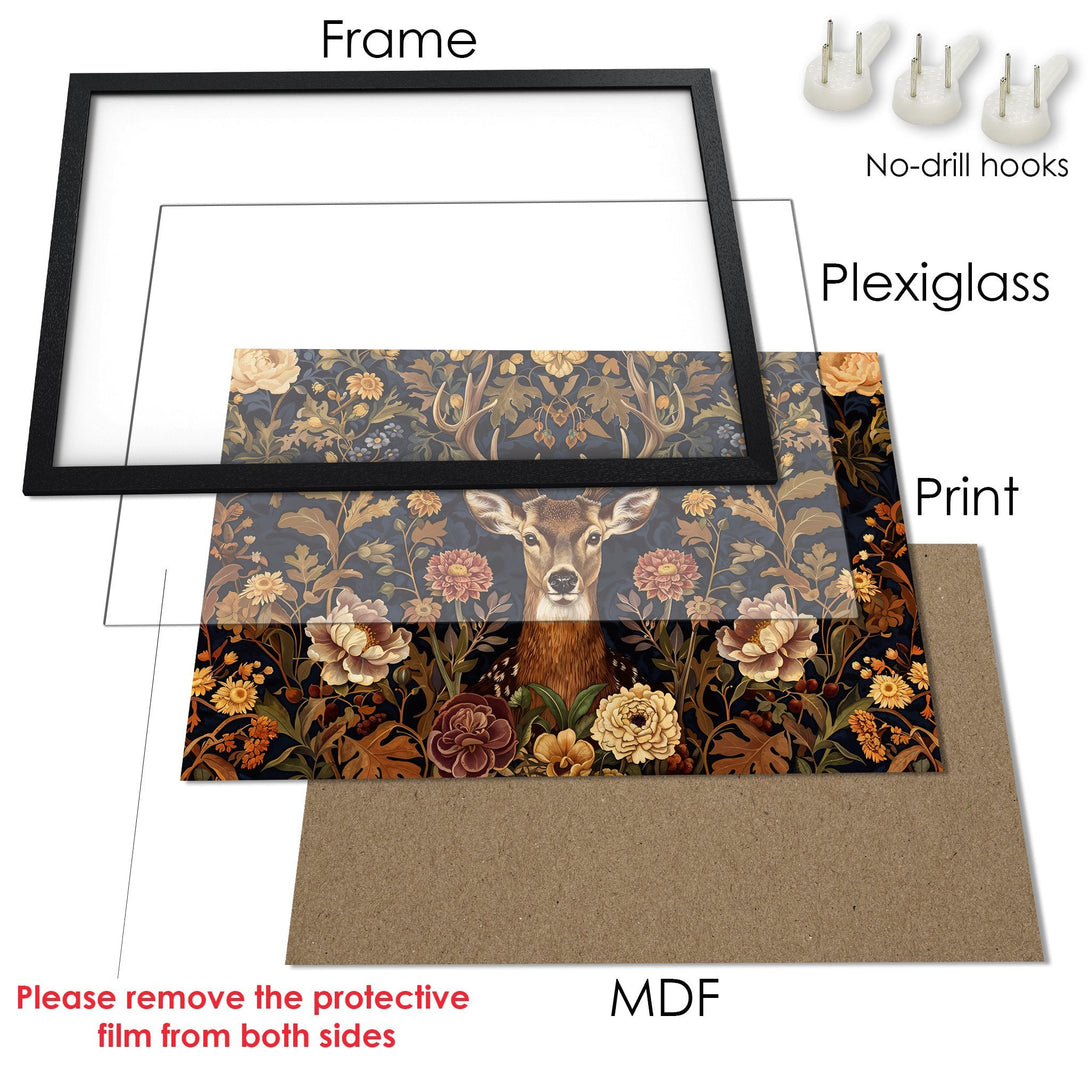 Framed Poster with deer & floral design. Dark blue, brown & gold color palette. Perfect wall art for your home.