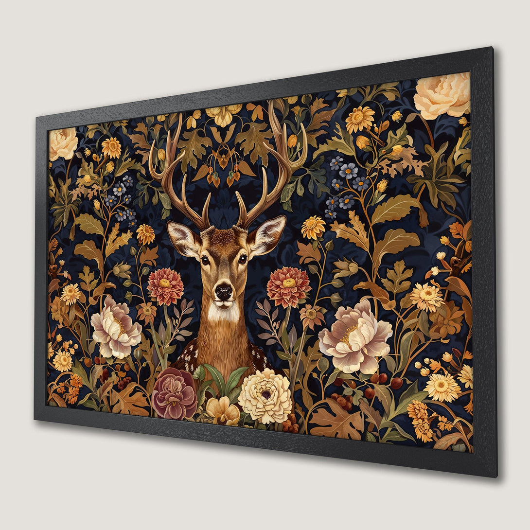 Framed Poster featuring a majestic deer in a floral design. Victorian style with a rich, dark blue and gold color palette. Perfect wall art!