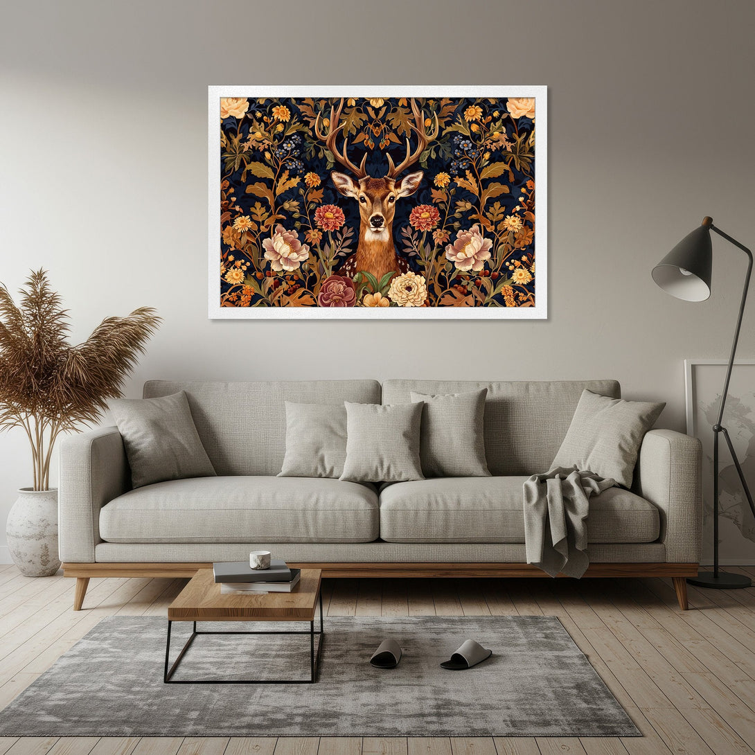 Framed Poster featuring a majestic deer surrounded by floral elements, in a vintage style with a warm, earthy color palette. Perfect wall art!