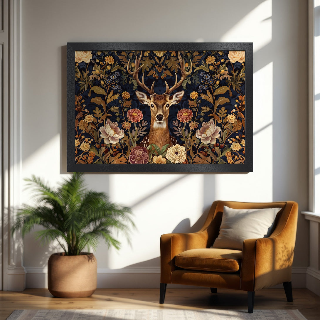 Framed Poster featuring a deer in a floral design. Vintage style with a dark blue, gold, and brown color palette. Perfect home decor!