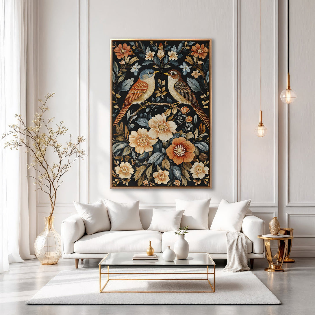 Framed Wall Art featuring birds and floral design in warm earth tones, perfect for adding a touch of elegance to your living room.