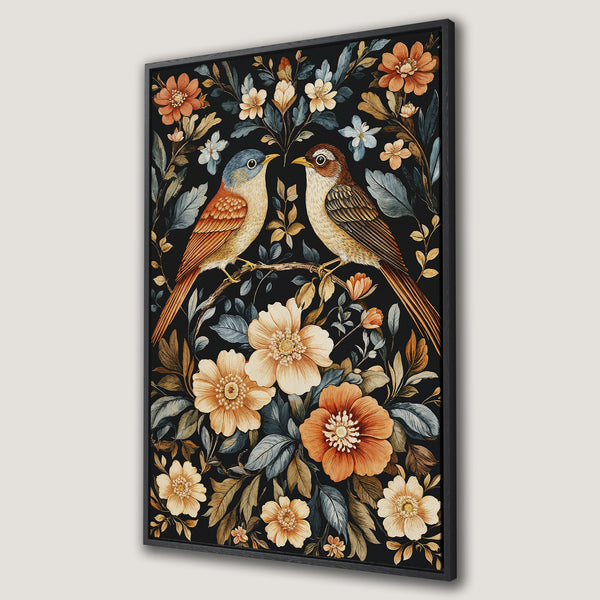 Framed Wall Art featuring watercolor birds and floral design in warm orange, blue, and gold tones on a black background. Perfect for adding a touch of nature to your home.