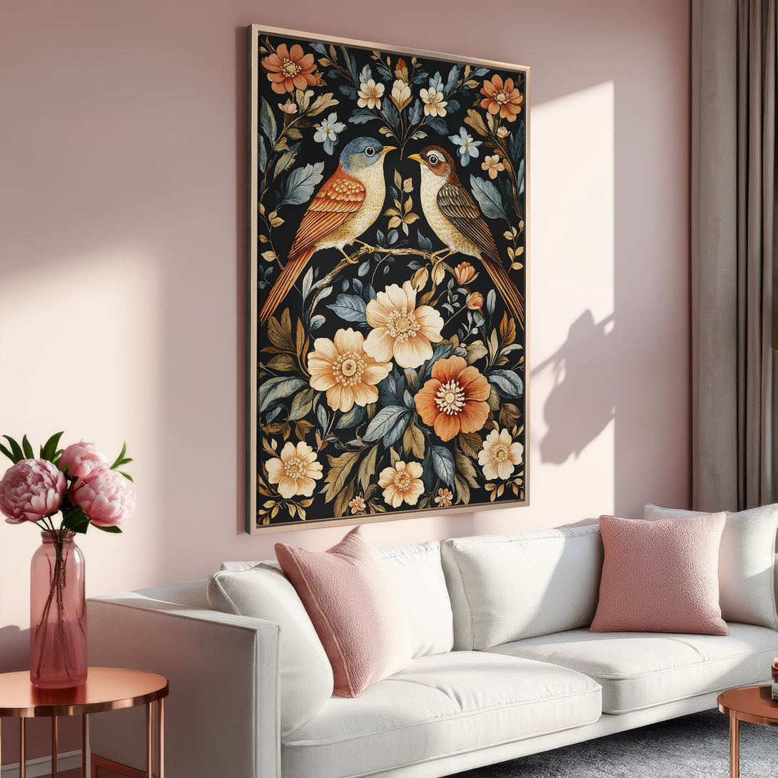 Framed Wall Art featuring birds & floral design in warm tones. Perfect for living room decor. Adds a touch of elegance & style to any space.