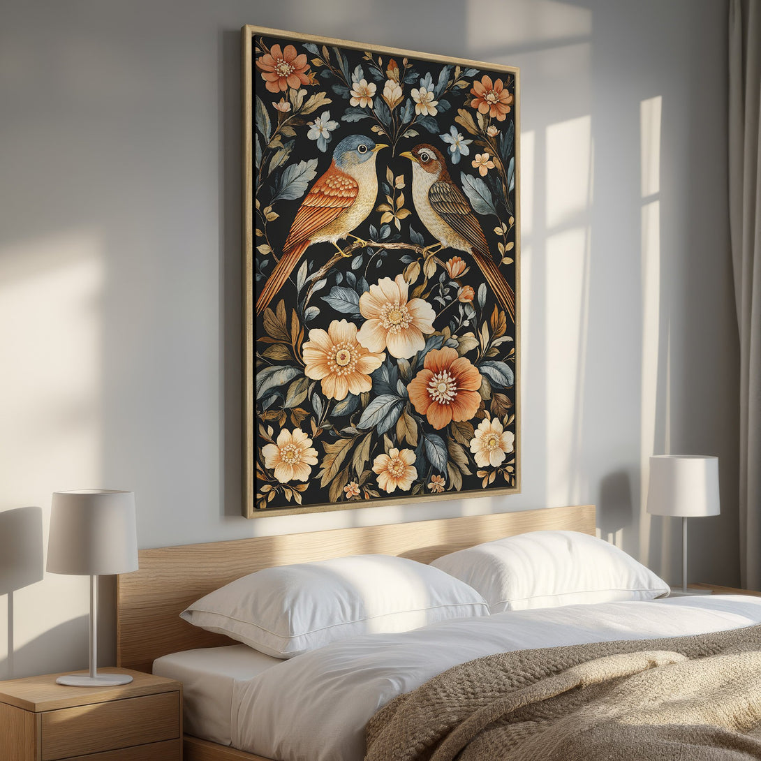 Framed Wall Art featuring birds and floral design in warm tones. Perfect bedroom decor! Canvas Print with a vintage, botanical style and a black background.