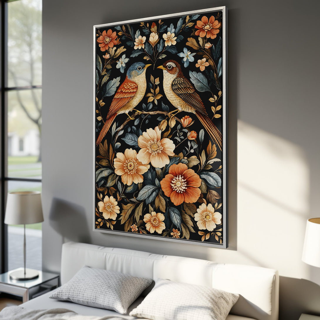 Framed Wall Art: Watercolor birds and floral design in warm tones (orange, gold, blue) on a black background. Perfect for adding elegance to your space.