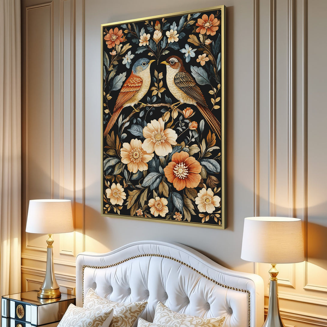 Canvas Print featuring birds and floral design in a vintage style with warm orange, brown, and blue tones. Perfect for adding a touch of elegance.