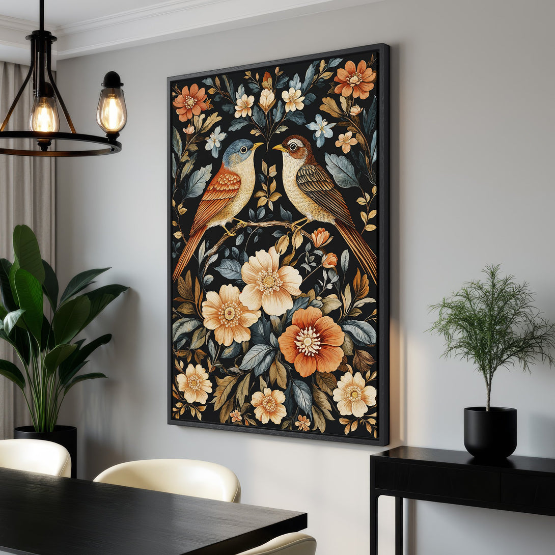 Framed Wall Art: Watercolor birds & floral Canvas Print in warm tones. Perfect for adding a touch of nature & elegance to your home decor.