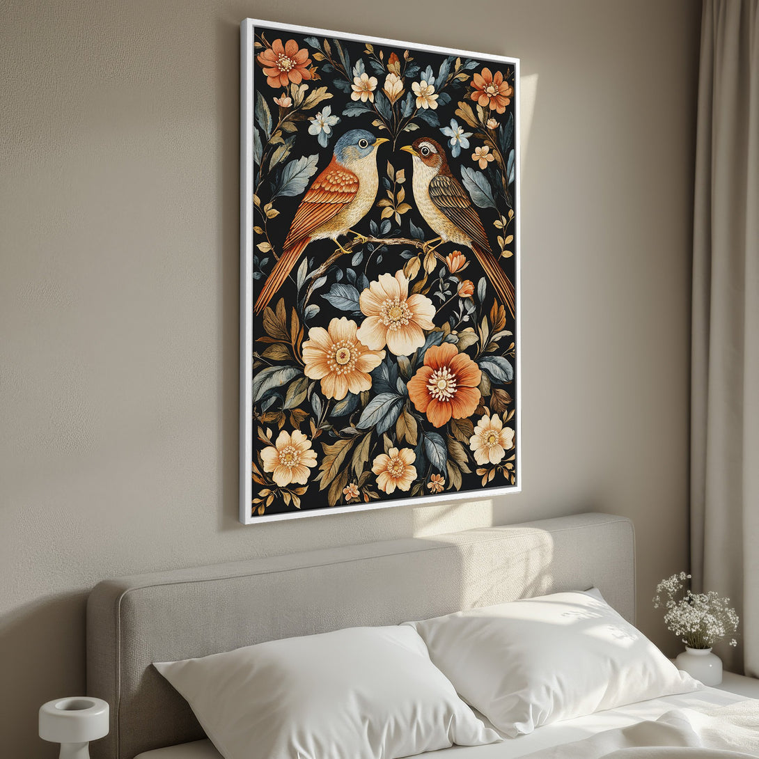 Framed Wall Art featuring birds & floral design in warm orange & black tones, perfect bedroom decor. Add a touch of nature to your space!