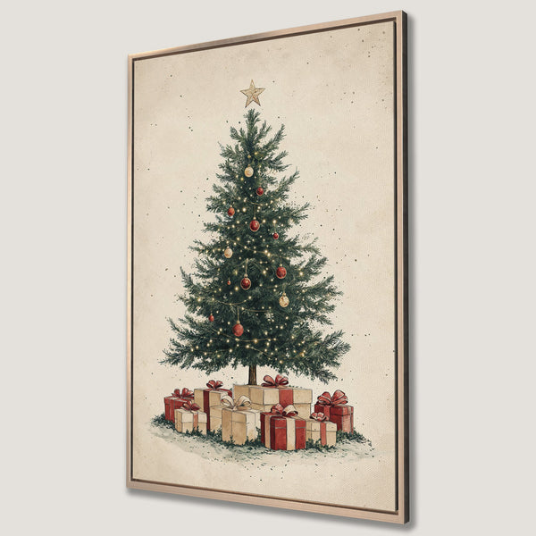 Framed Wall Art featuring a vintage-style Christmas tree with gifts. Warm, inviting color palette of greens, reds, and beige. Perfect holiday decor!