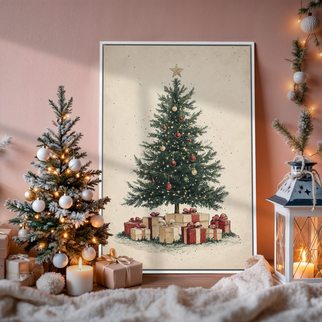 Framed Wall Art: Cozy Christmas tree illustration with warm, festive colors. Perfect holiday decor for your home!