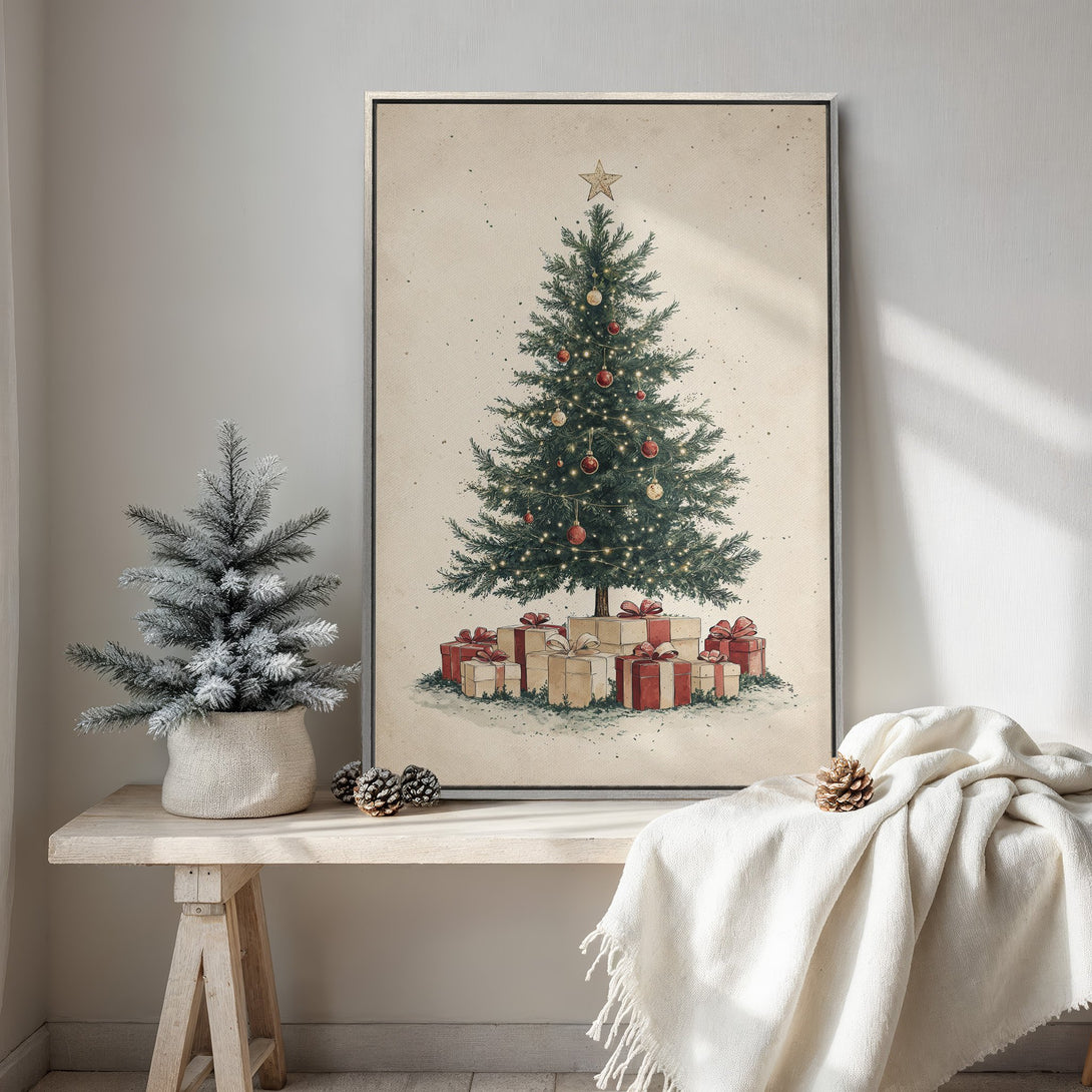 Framed Wall Art of a vintage Christmas tree with gifts. Rustic style, neutral and green color palette. Perfect holiday decor.