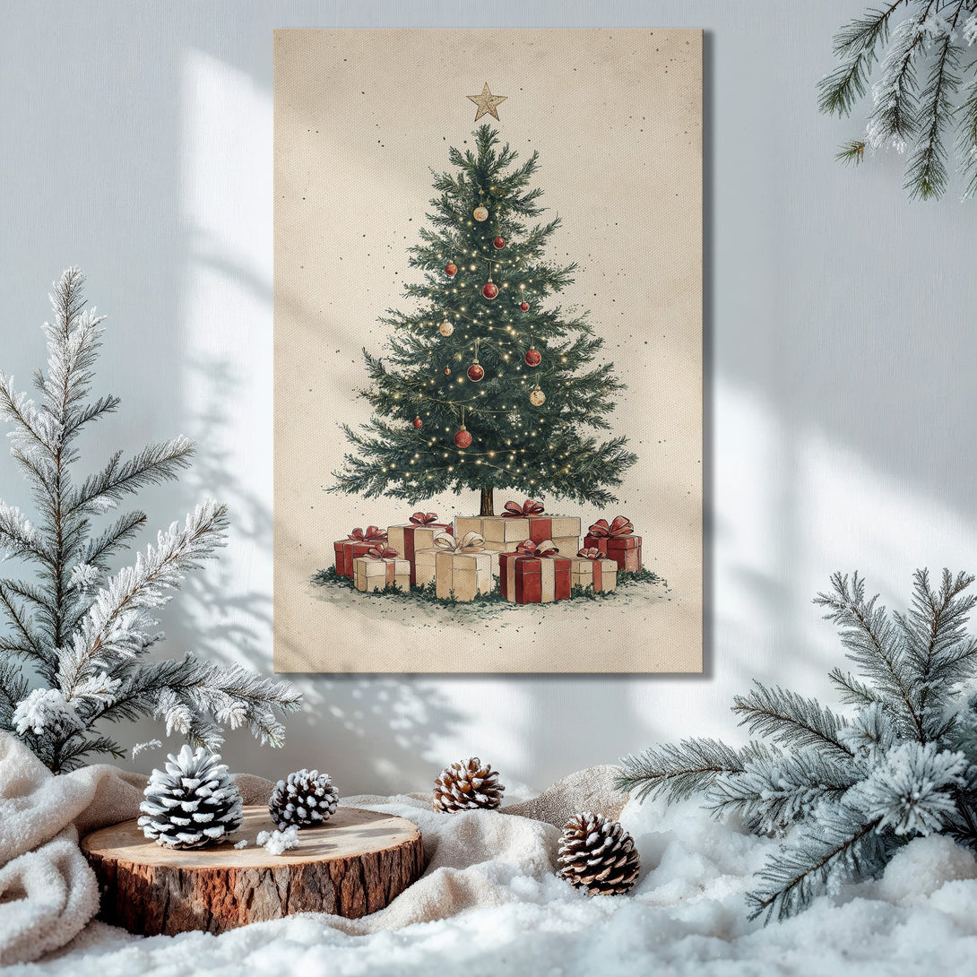 Framed Wall Art: Christmas tree illustration in vintage style, warm color palette. Perfect holiday decor for any room.