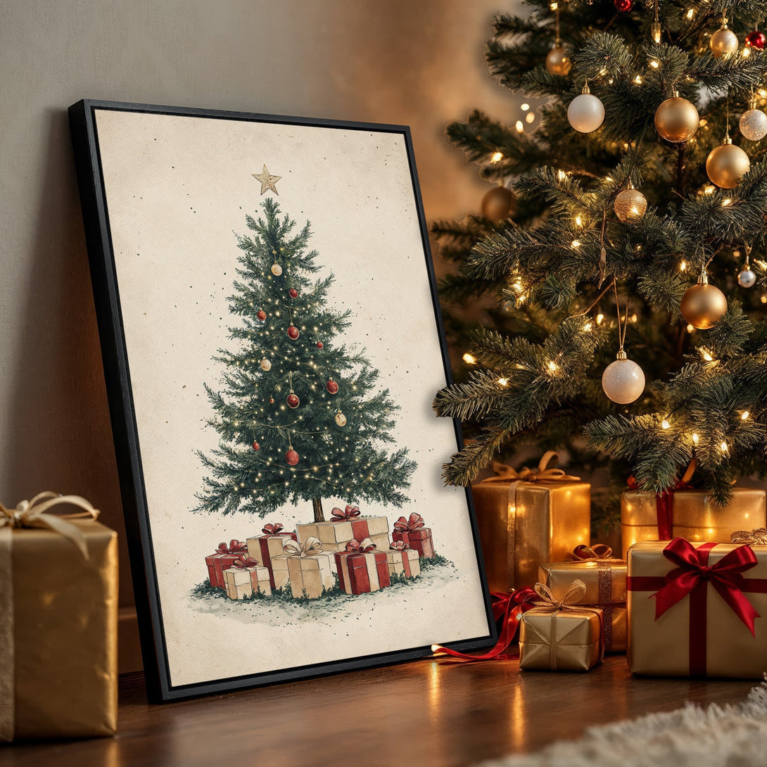 Framed Wall Art: Vintage Christmas tree print in warm tones. Festive holiday decor with a cozy, inviting feel. Perfect for seasonal home accents.