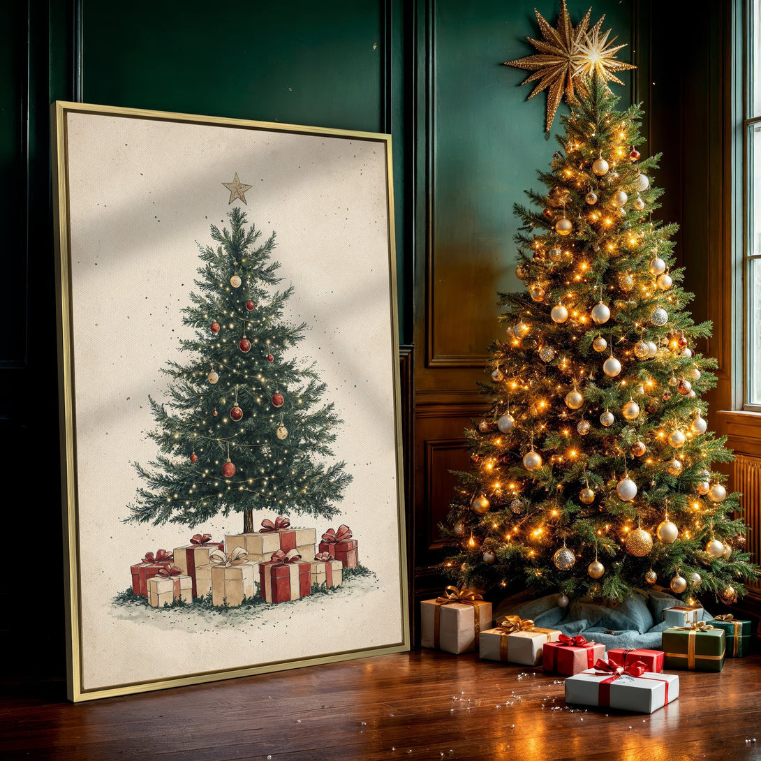Canvas Print featuring a vintage-style Christmas tree illustration with red and gold ornaments. Warm, neutral color palette perfect for holiday decor.