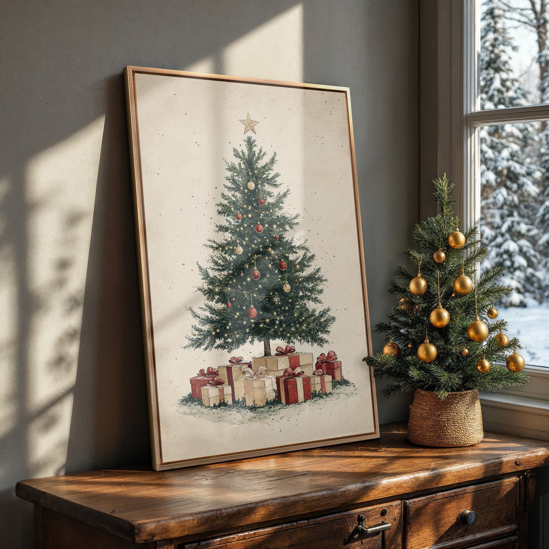 Framed Wall Art: Vintage Christmas tree print with warm, inviting colors. Perfect holiday decor for a cozy interior.