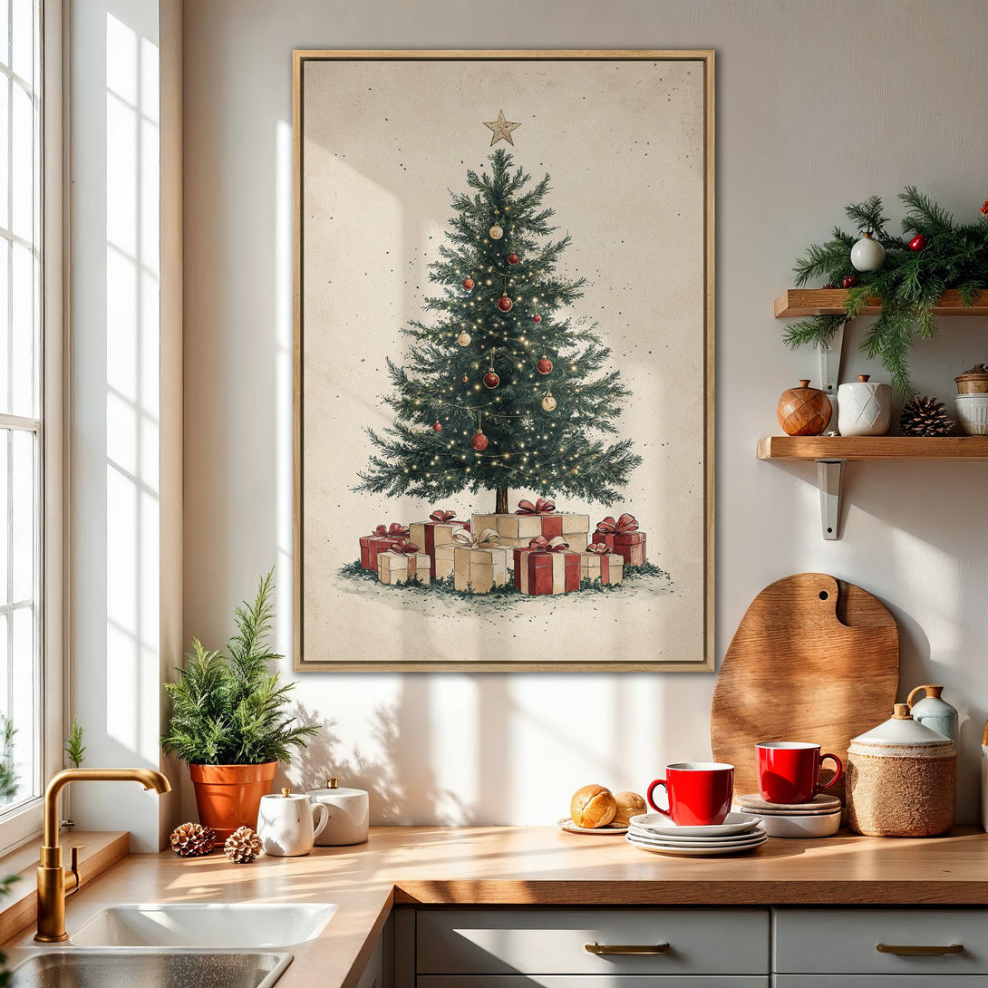 Framed Wall Art featuring a vintage Christmas tree illustration. Rustic style with green, red, and beige tones, perfect for holiday decor.