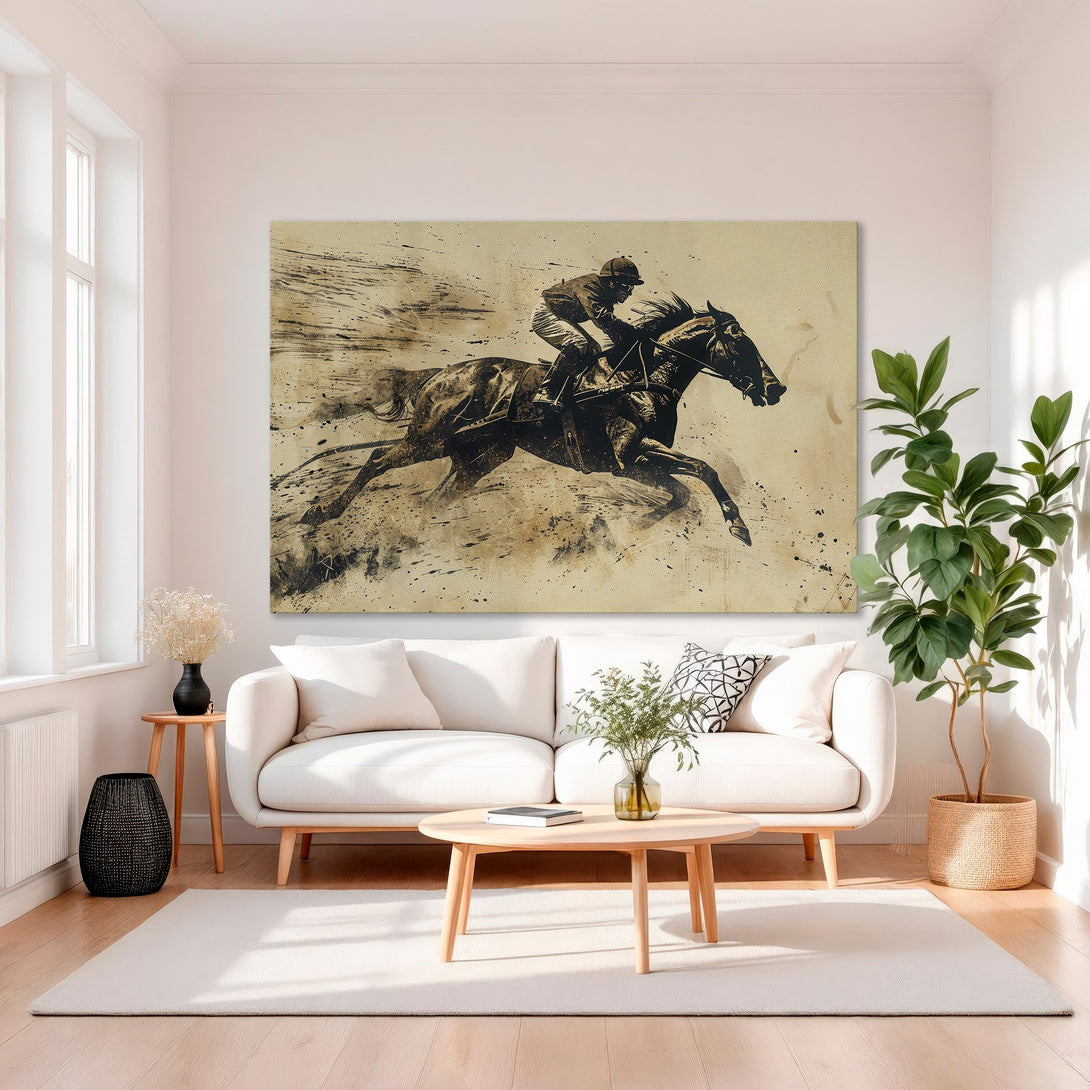 Framed Wall Art: Dynamic horse racing art in a gold frame. Neutral color palette with black and gold accents. Perfect for elegant home decor.
