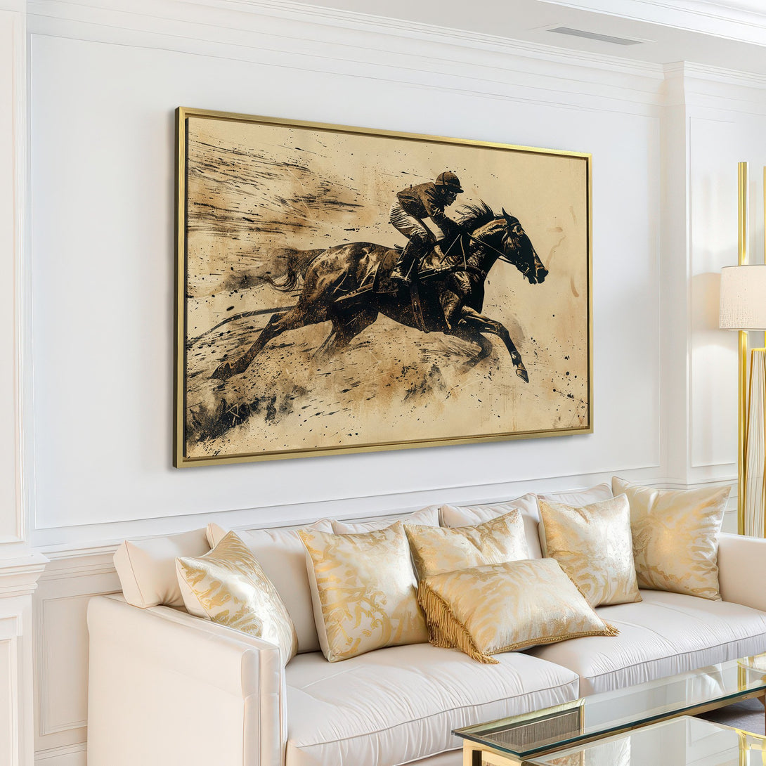 Canvas Print of a horse racing scene in sepia tones. Stylish wall art perfect for adding a touch of elegance to your living room.