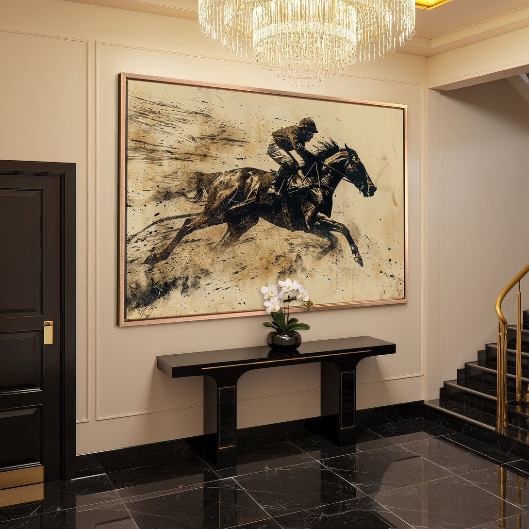 Framed Wall Art: Abstract horse racing art in neutral tones. Elevate your space with this stunning canvas print and add a touch of elegance.