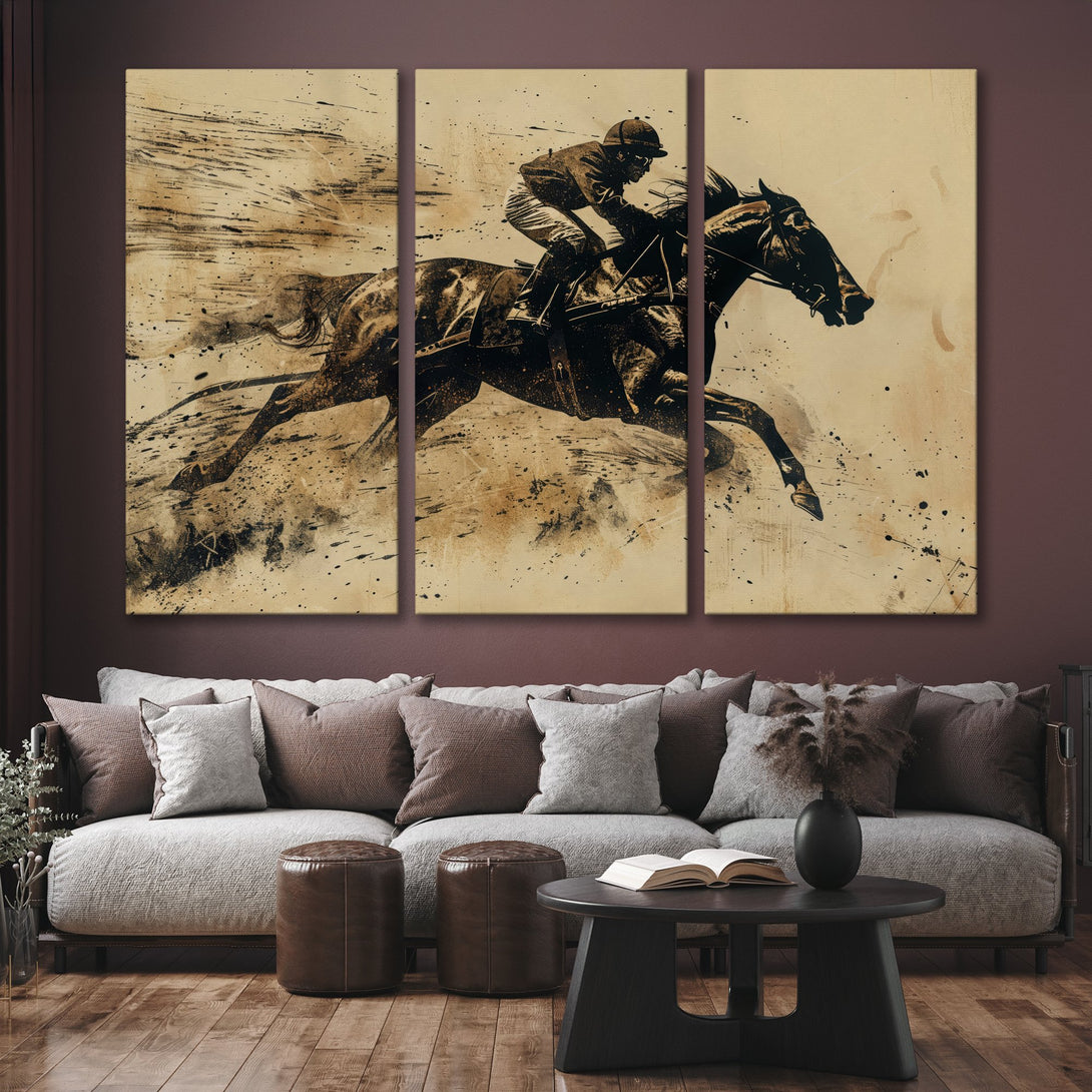 Canvas Print of a horse racing scene in sepia tones. Abstract art style with a vintage feel. Perfect for equestrian decor.