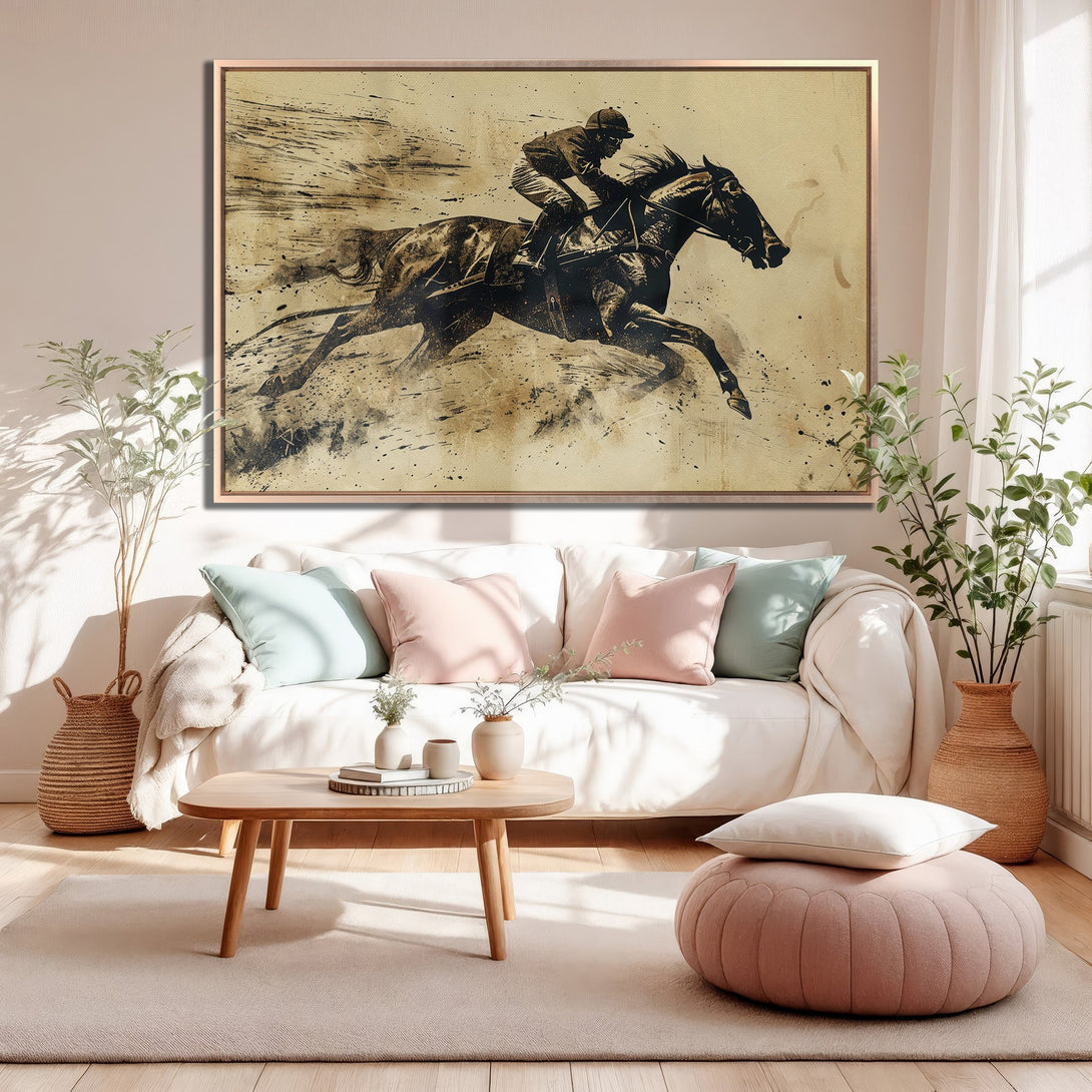 Framed Wall Art featuring a dynamic horse racing scene in sepia tones. Perfect for adding a touch of elegance to any space with its warm, neutral palette.