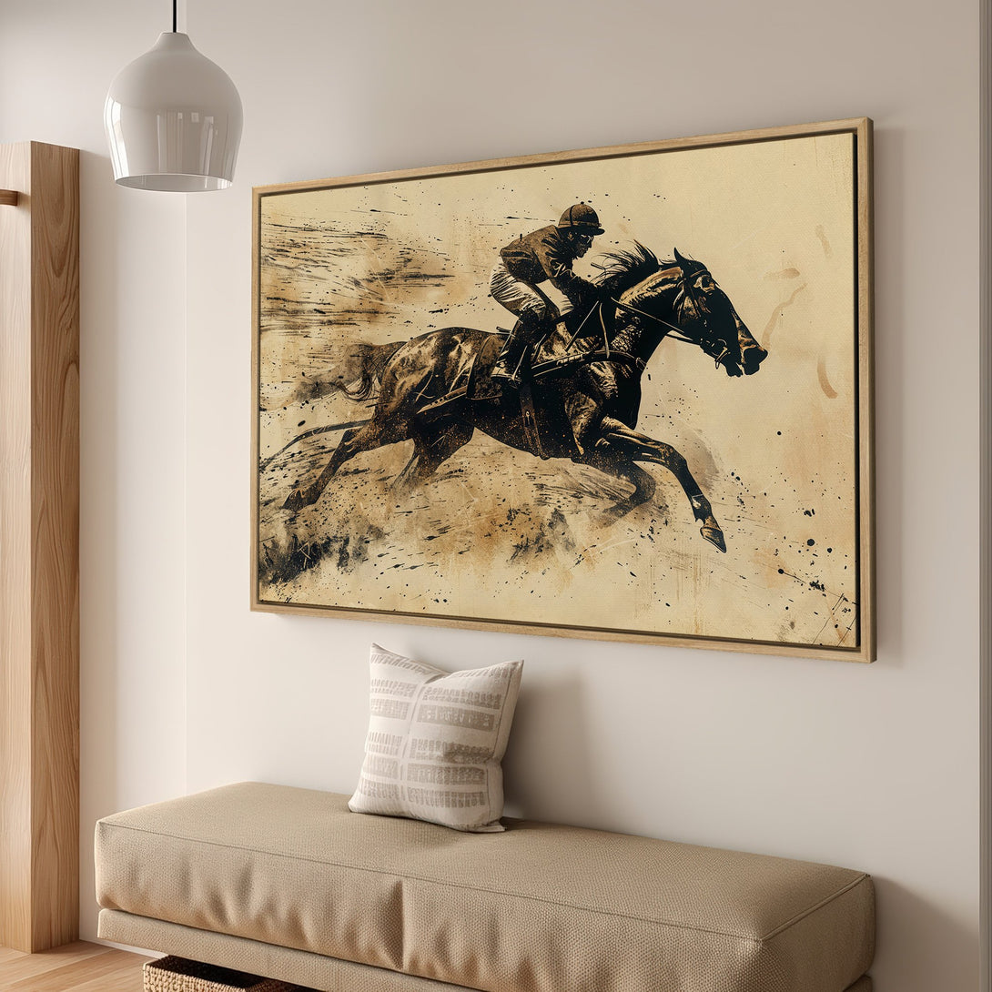 Framed Wall Art of a horse race in a vintage style, featuring a jockey. Earth-toned color palette for a classic, elegant aesthetic.