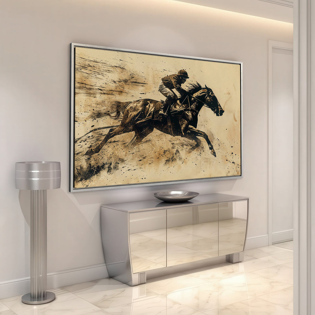 Framed Wall Art of a racehorse in motion, sepia-toned abstract style. Perfect equestrian decor for your home.