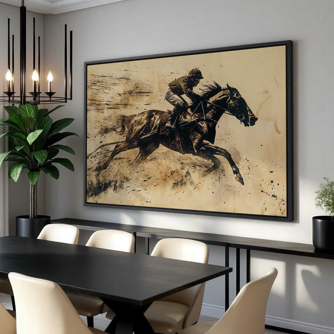 Framed Wall Art: Dramatic horse racing canvas print in a neutral color palette. Equestrian art adds a touch of elegance to any interior. Shop now!