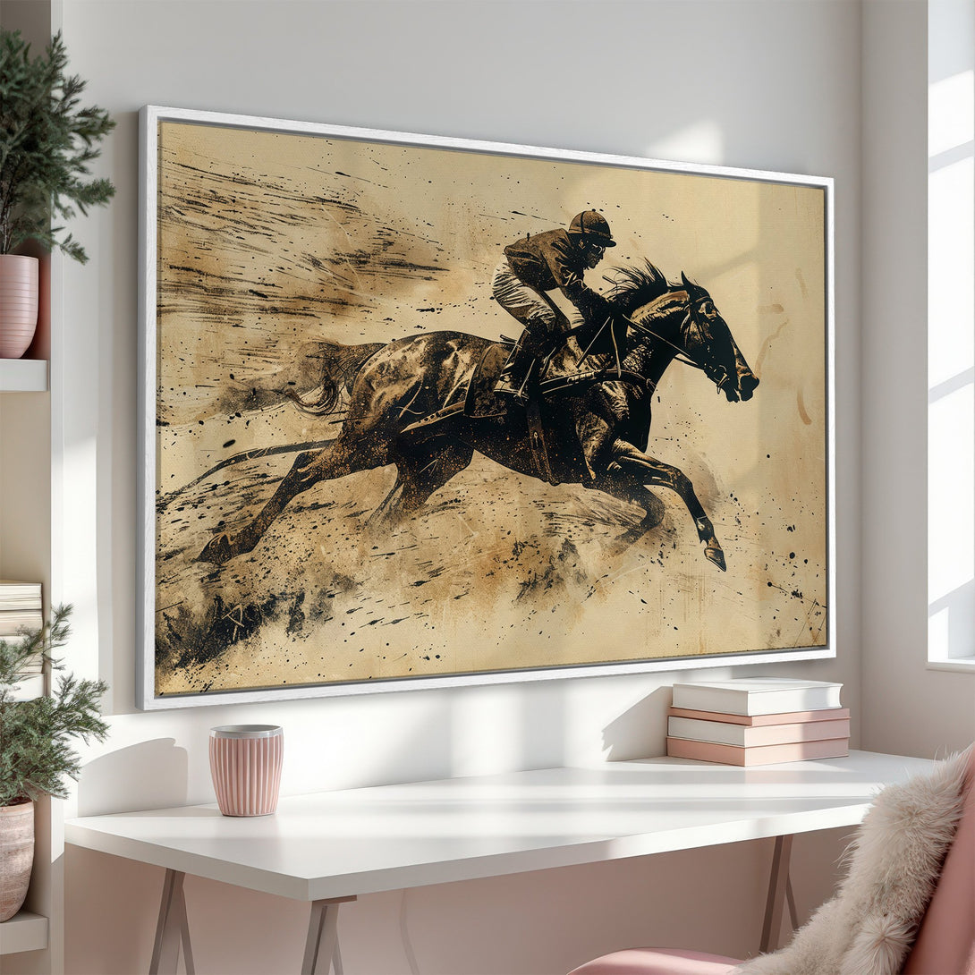 Framed Wall Art featuring a dynamic horse racing scene in a vintage style with a neutral and sepia color palette. Perfect for adding a touch of elegance.