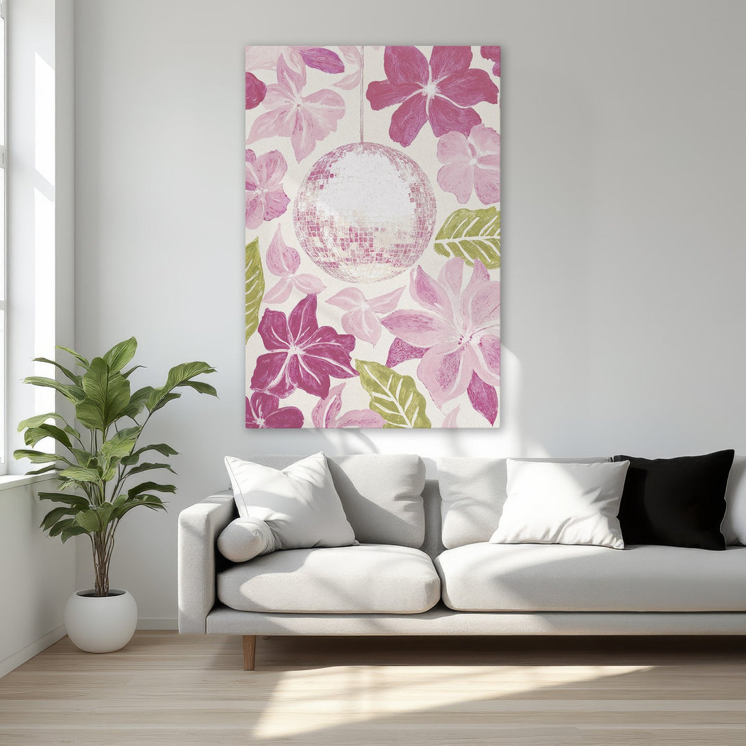 Framed Wall Art: Floral print with disco ball, pink & green palette. Adds a touch of whimsy to any space. Perfect for bedroom decor.