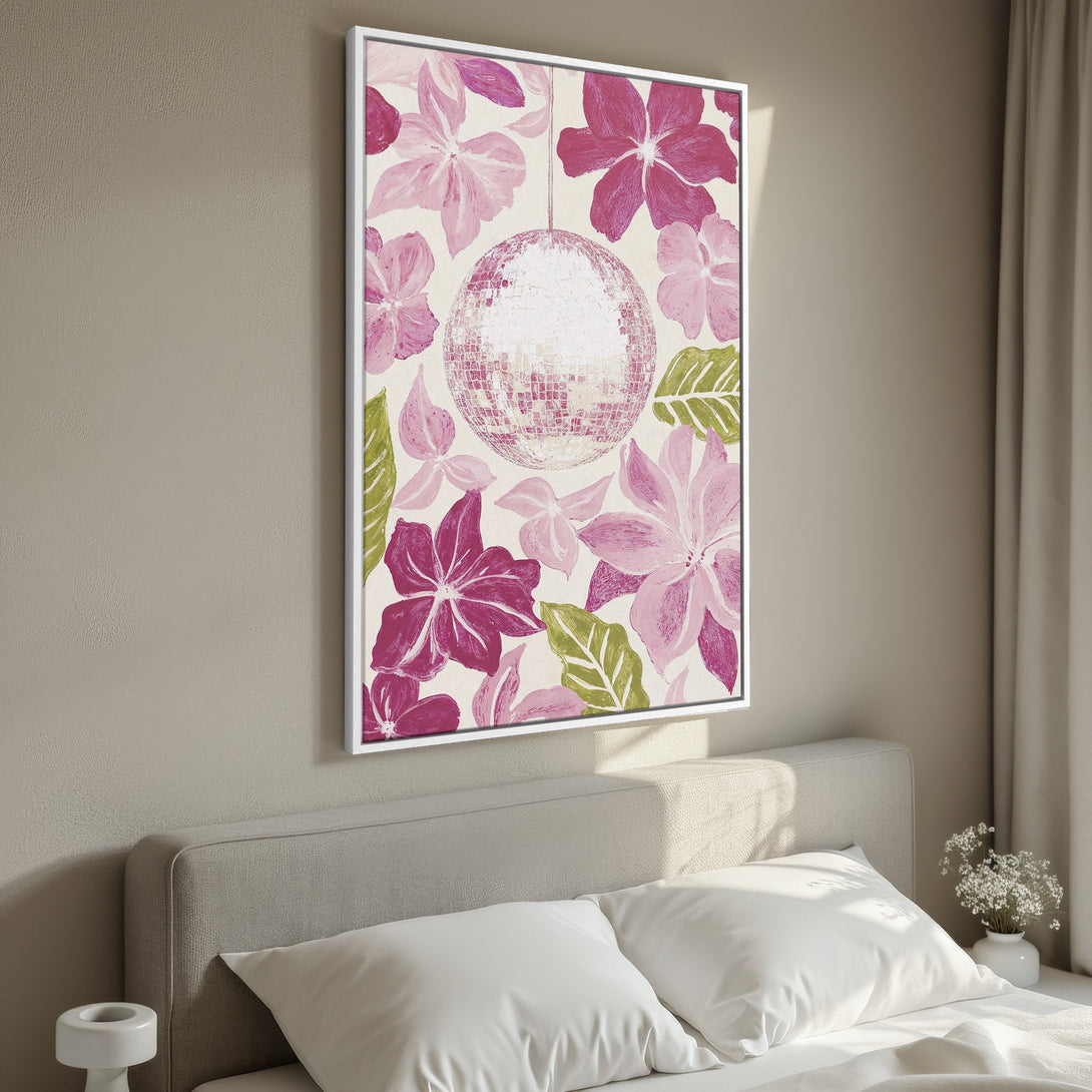 Framed Wall Art: Floral disco ball print in pink and green. Adds a pop of color and fun to any space. Perfect bedroom decor!