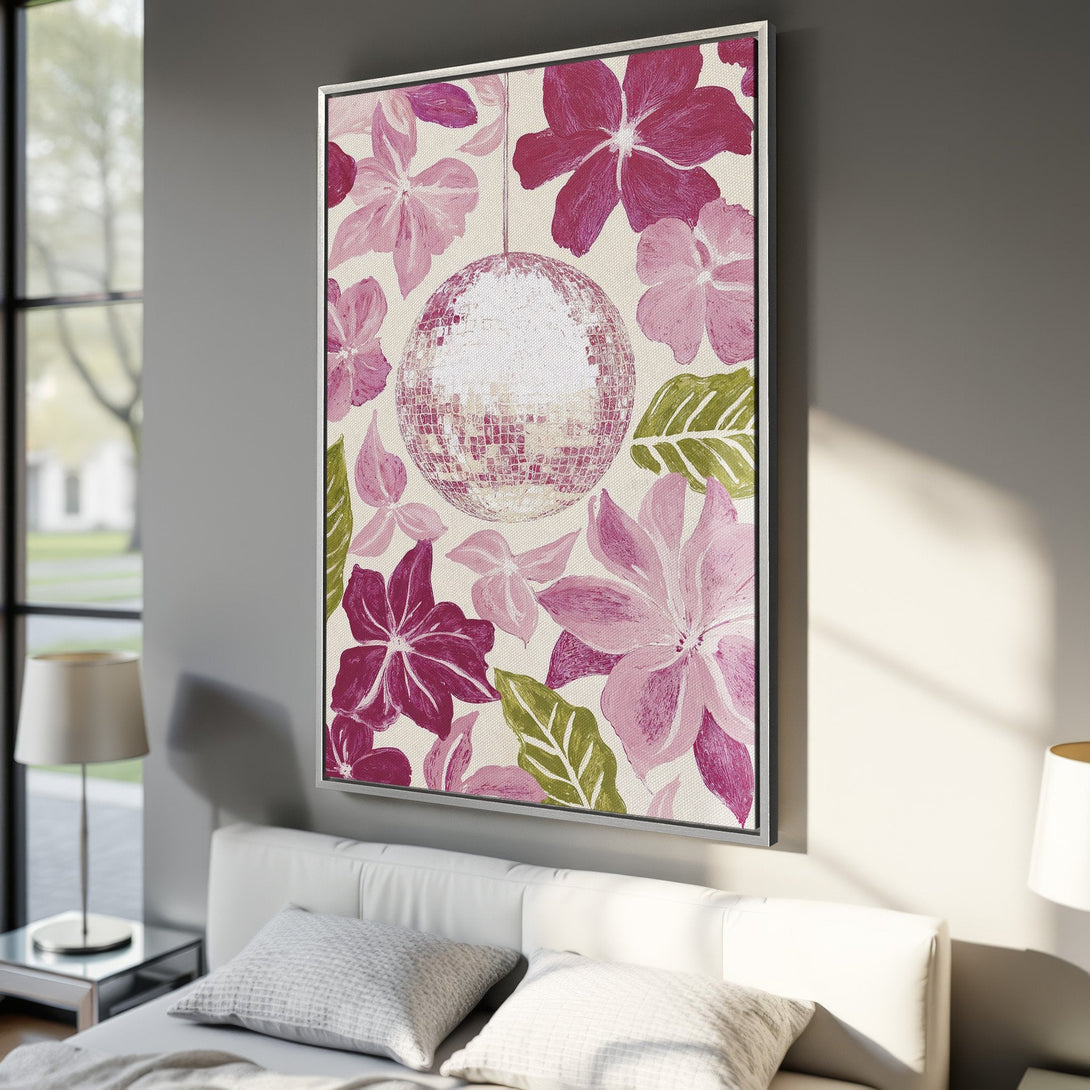 Framed Wall Art: Floral disco ball canvas print in a bedroom. Features a vibrant pink and purple floral design with a neutral background. Perfect for adding a pop of color!