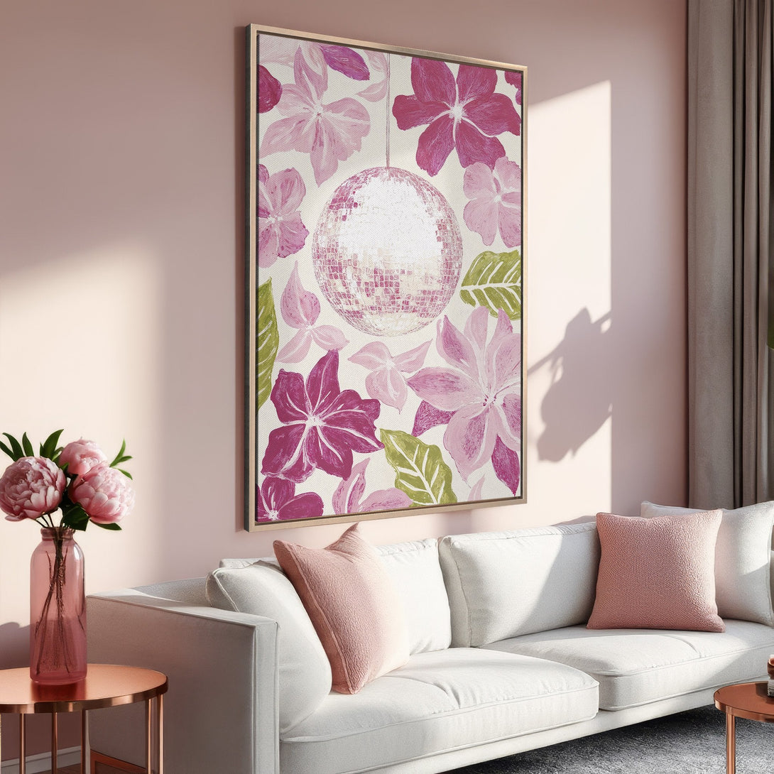 Framed Wall Art featuring a floral design with a disco ball in a pink and green color palette. Perfect for adding a touch of glam to your living room decor.