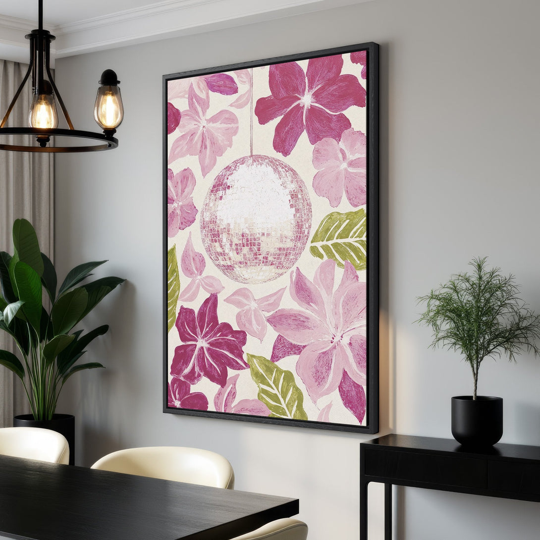 Framed Wall Art: Floral print with disco ball in pink and green hues. Modern canvas art for a stylish interior. Shop now!
