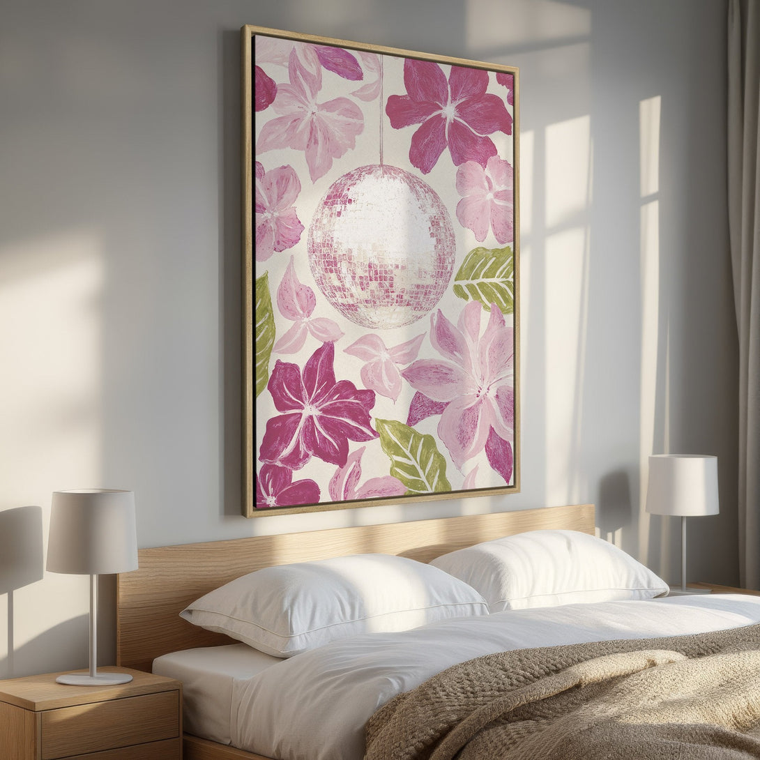 Framed Wall Art: Floral disco ball print in pink & green. Modern canvas art for bedroom decor. Add a pop of color to your space!