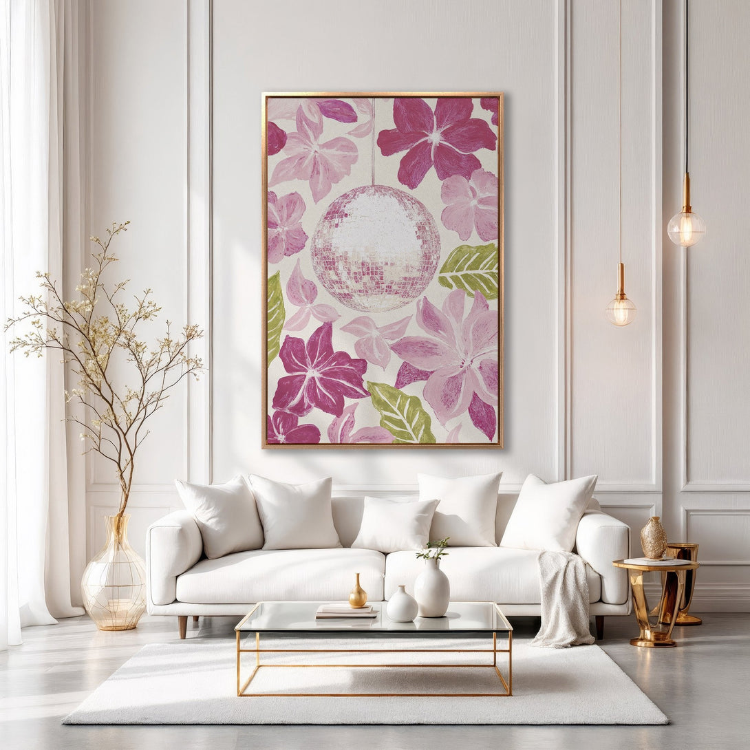 Framed Wall Art: Floral disco ball print in a modern living room. Pink, green, and gold palette. Elevate your space with this stylish canvas print!