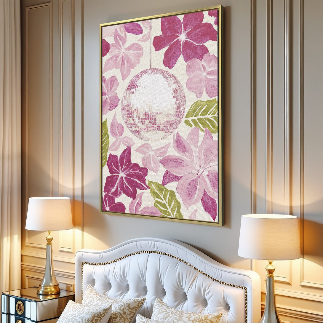Canvas Print featuring a floral disco ball design in pink and green, perfect for adding a pop of color to your living room.