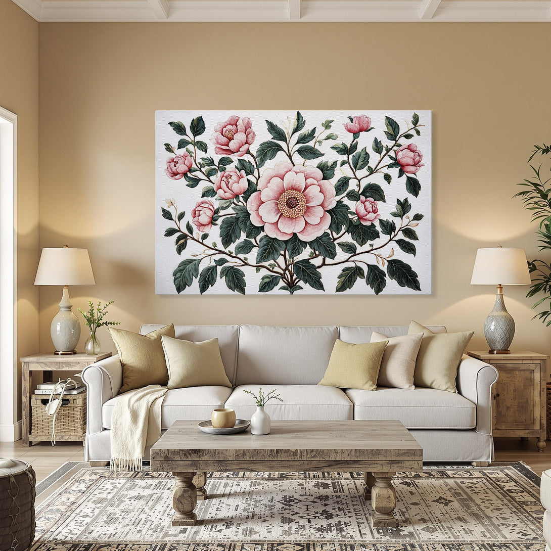 Framed Wall Art featuring a floral design with pink peonies and green leaves. Elegant, classic style with a warm color palette.